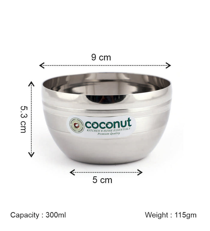 Coconut Stainless Steel Ringer Apple Bowl Set of 6 | Premium Serving Katori/Vati for Kitchen & Dining | Mirror Finish | Rust Proof | Dishwasher Safe | Available in 150ml, 200ml, 300ml & 350ml.