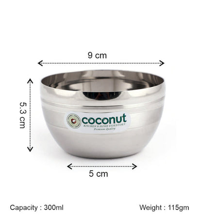 Coconut Stainless Steel Ringer Apple Bowl Set of 6 | Premium Serving Katori/Vati for Kitchen & Dining | Mirror Finish | Rust Proof | Dishwasher Safe | Available in 150ml, 200ml, 300ml & 350ml.
