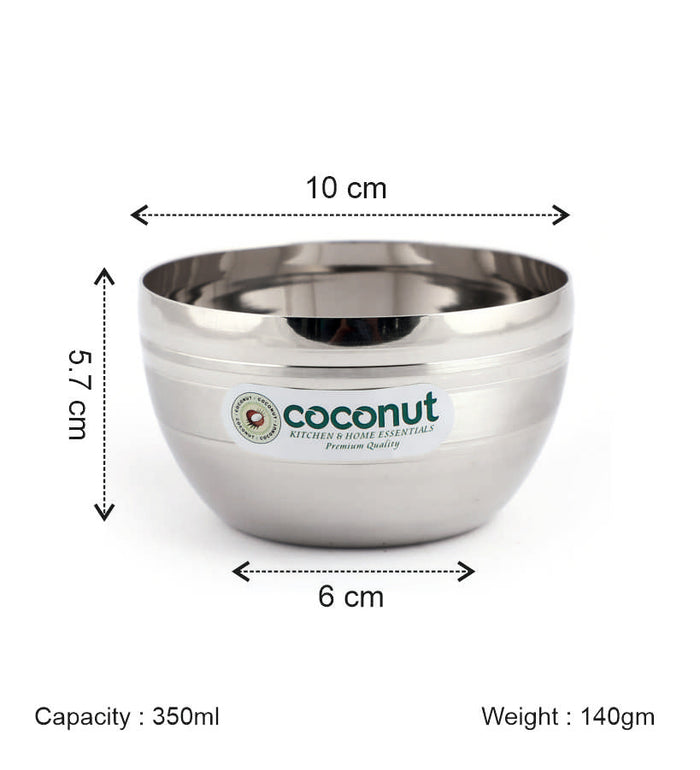 Coconut Stainless Steel Ringer Apple Bowl Set of 6 | Premium Serving Katori/Vati for Kitchen & Dining | Mirror Finish | Rust Proof | Dishwasher Safe | Available in 150ml, 200ml, 300ml & 350ml.