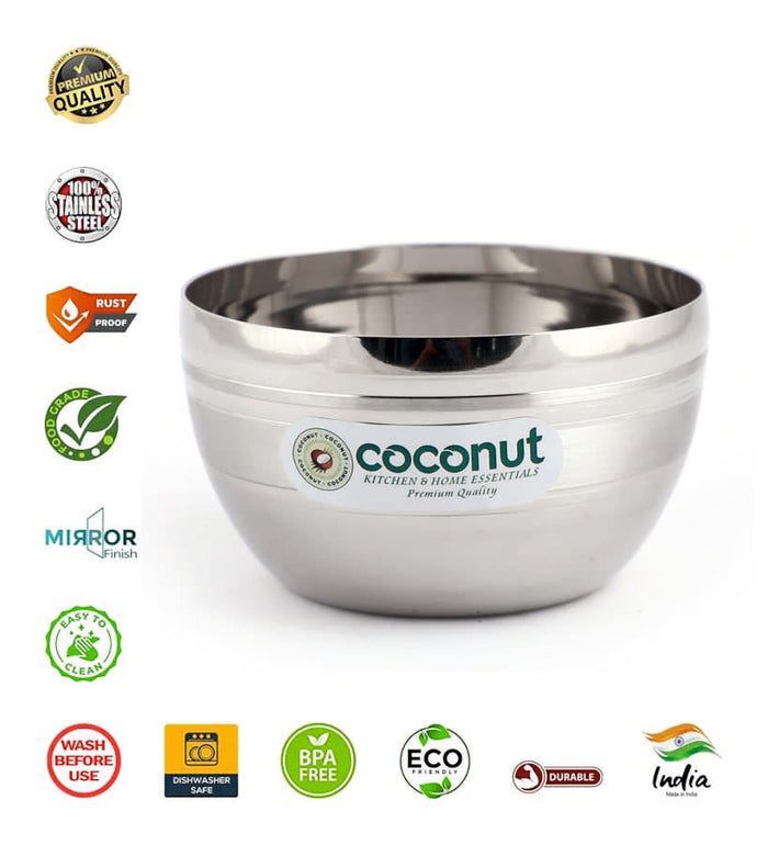 Coconut Stainless Steel Ringer Apple Bowl Set of 6 | Premium Serving Katori/Vati for Kitchen & Dining | Mirror Finish | Rust Proof | Dishwasher Safe | Available in 150ml, 200ml, 300ml & 350ml.