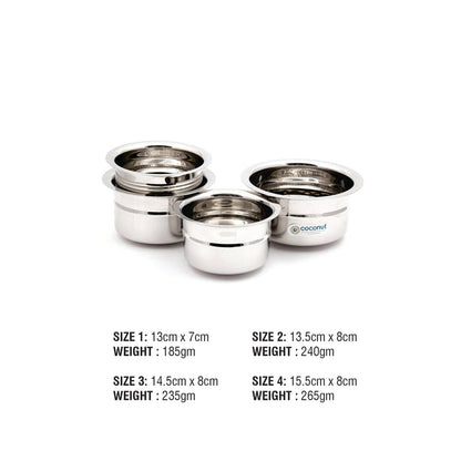 Coconut Stainless Steel Rose Baby Topes Without Lid - Set of 4, Capacity- 300ml, 400ml,500ml & 600ml, 22 gauge, Mirror Finish, Induction Base Saucepan, Model - Rose Baby Flat Tope