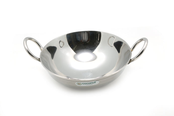 Coconut Stainless Steel Round Bottom Kadai - 3mm Plain Kadai, 14 Gauge, Induction & Gas Stove Compatible, Extra Deep Kadai, Heavy Weight Kadai, Kadhai with Handle for Cooking / Deep Frying, Daily Use Kadai, Model - 3mm Plain Kadai - Khufu