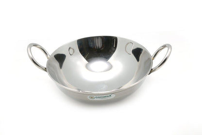 Coconut Stainless Steel Round Bottom Kadai - 3mm Plain Kadai, 14 Gauge, Induction & Gas Stove Compatible, Extra Deep Kadai, Heavy Weight Kadai, Kadhai with Handle for Cooking / Deep Frying, Daily Use Kadai, Model - 3mm Plain Kadai - Khufu