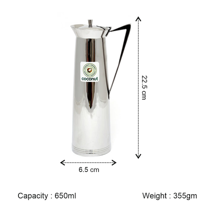 Coconut Stainless Steel Sleek 650ml | Water Pitcher with Lid & Handle | Stainless Steel Water Jug for Water, Juice, Lemonade & Beverages | Food Grade, BPA Free, Rust Proof | Home, Hotel & Party Use | Model Fride Jug.