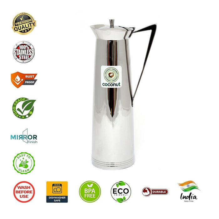 Coconut Stainless Steel Sleek 650ml | Water Pitcher with Lid & Handle | Stainless Steel Water Jug for Water, Juice, Lemonade & Beverages | Food Grade, BPA Free, Rust Proof | Home, Hotel & Party Use | Model Fride Jug.