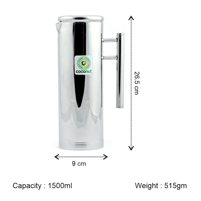 Coconut Stainless Steel Slim Jug 1500ml | Water Pitcher with Easy Pour Handle | Fridge Water Jug for Water, Juice, Lemonade & Beverages | Food Grade, BPA Free, Rust Proof Stainless Steel Water Container | Mirror Finish.