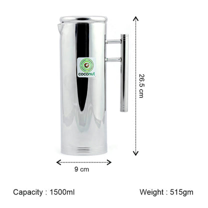 Coconut Stainless Steel Slim Jug 1500ml | Water Pitcher with Easy Pour Handle | Fridge Water Jug for Water, Juice, Lemonade & Beverages | Food Grade, BPA Free, Rust Proof Stainless Steel Water Container | Mirror Finish.