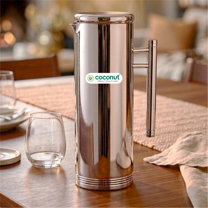 Coconut Stainless Steel Slim Jug 1500ml | Water Pitcher with Easy Pour Handle | Fridge Water Jug for Water, Juice, Lemonade & Beverages | Food Grade, BPA Free, Rust Proof Stainless Steel Water Container | Mirror Finish.