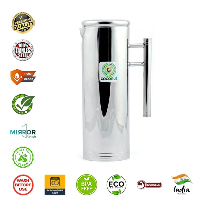 Coconut Stainless Steel Slim Jug 1500ml | Water Pitcher with Easy Pour Handle | Fridge Water Jug for Water, Juice, Lemonade & Beverages | Food Grade, BPA Free, Rust Proof Stainless Steel Water Container | Mirror Finish.