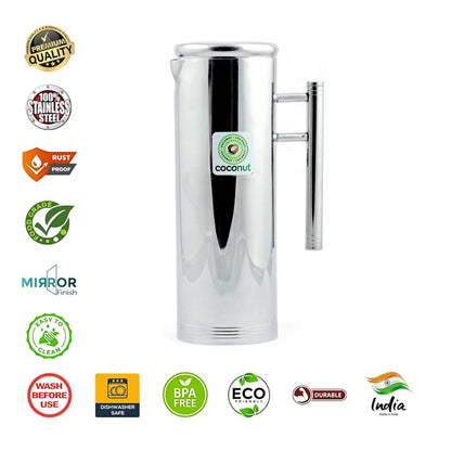 Coconut Stainless Steel Slim Jug 1500ml | Water Pitcher with Easy Pour Handle | Fridge Water Jug for Water, Juice, Lemonade & Beverages | Food Grade, BPA Free, Rust Proof Stainless Steel Water Container | Mirror Finish.