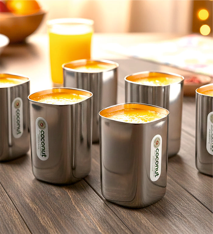 Coconut Stainless Steel Square Glass (250ml) | Heavy Gauge Food Grade BPA Free Drinking Tumbler | Mirror Finish Glass for Water, Juice, Lemonade, Milk & Beverages | Durable Rust Proof Steel Glass | Model - B39 Four Square.
