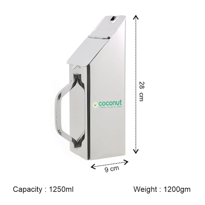 Coconut Stainless Steel Times Square Jug 1250ml | Water Pitcher with Lid & Handle | Fridge Water Jug | Food Grade, BPA Free, Rust Proof Stainless Steel Water Container for Water, Juice, Milk & Beverages | Model J11 Times Square.