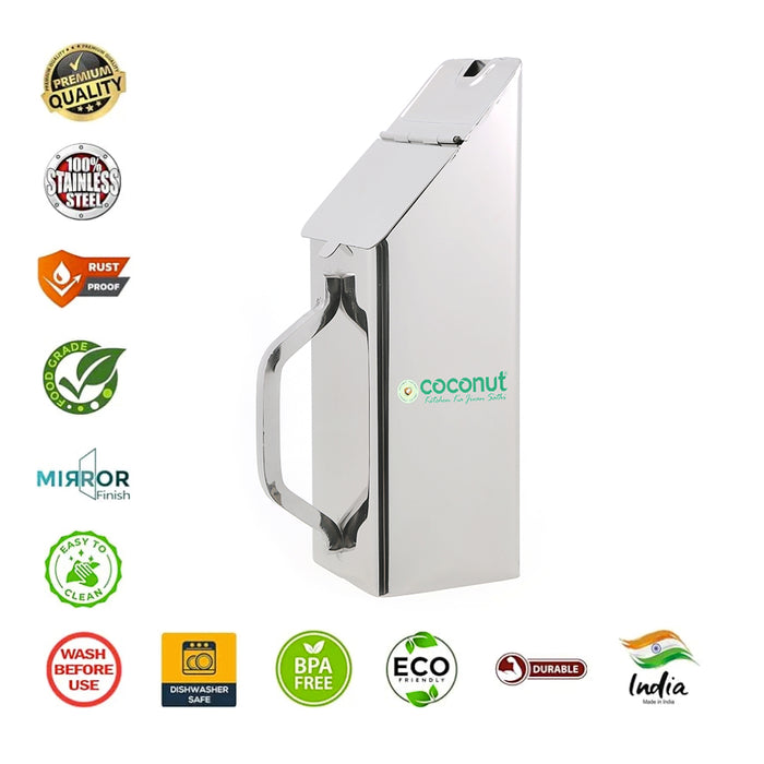 Coconut Stainless Steel Times Square Jug 1250ml | Water Pitcher with Lid & Handle | Fridge Water Jug | Food Grade, BPA Free, Rust Proof Stainless Steel Water Container for Water, Juice, Milk & Beverages | Model J11 Times Square.