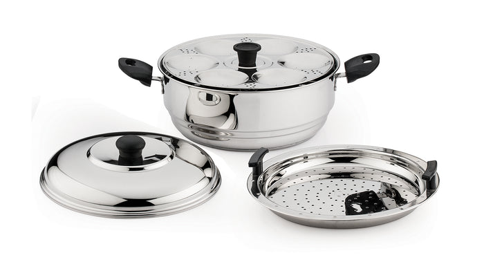 Coconut Stainless Steel Triply Idli Cooker - SS Lid, Steamer Plate, Heavy Gauge, Thick bottom,Induction and Gas Stove Based, Sandwich triply bottom. Model - Multipurpose steamer (20 Idlies) with Combo