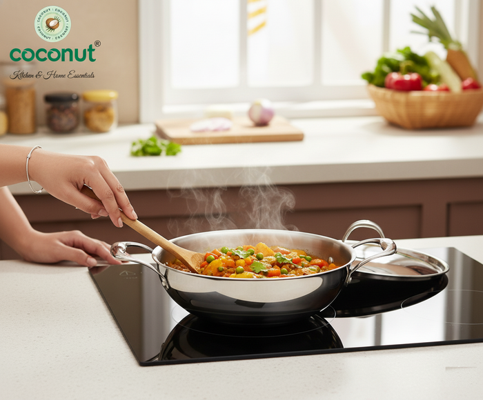 Coconut Stainless Steel Triply Kadai with lid | Heat resistant handles- Gas and Induction stove compactible | Even heat distribution