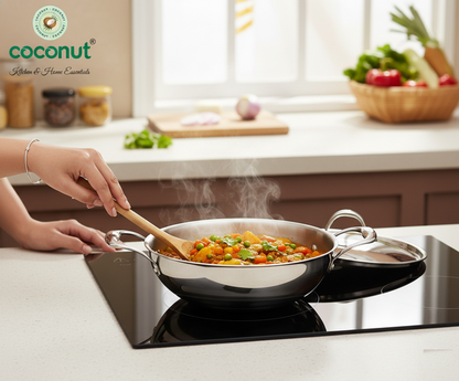 Coconut Stainless Steel Triply Kadai with lid | Heat resistant handles- Gas and Induction stove compactible | Even heat distribution