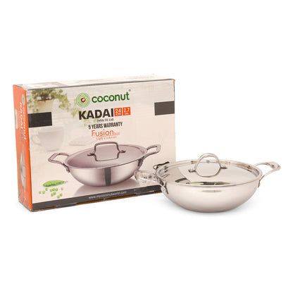 Coconut Stainless Steel Triply Kadai with lid | Heat resistant handles- Gas and Induction stove compactible | Even heat distribution