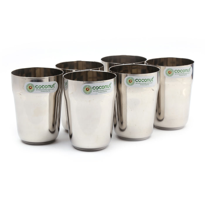 Coconut Stainless Steel Water Glass Set of 6 (270ml Each) | Heavy Gauge Food Grade Steel Drinking Tumbler | Mirror Finish Water Glass for Water, Juice, Lemonade, Milk & Beverages | Durable Kitchen Essential | Rust Proof | Model - B32 Metro.