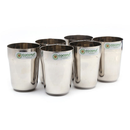 Coconut Stainless Steel Water Glass Set of 6 (270ml Each) | Heavy Gauge Food Grade Steel Drinking Tumbler | Mirror Finish Water Glass for Water, Juice, Lemonade, Milk & Beverages | Durable Kitchen Essential | Rust Proof | Model - B32 Metro.