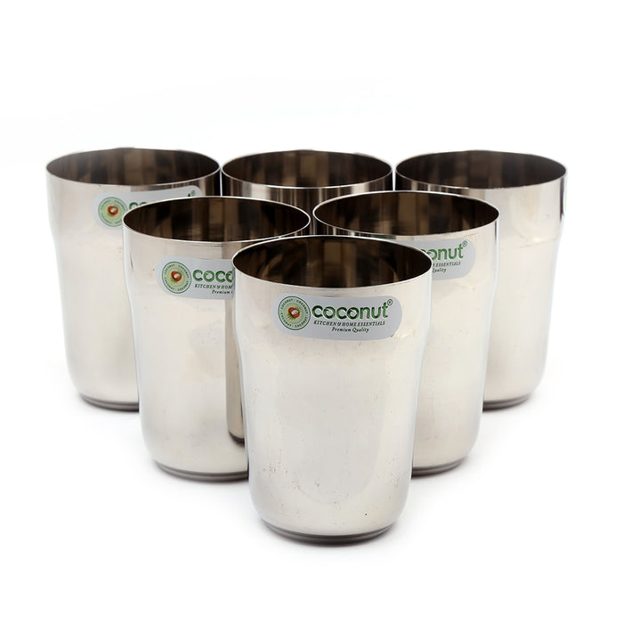 Coconut Stainless Steel Water Glass Set of 6 (270ml Each) | Heavy Gauge Food Grade Steel Drinking Tumbler | Mirror Finish Water Glass for Water, Juice, Lemonade, Milk & Beverages | Durable Kitchen Essential | Rust Proof | Model - B32 Metro.