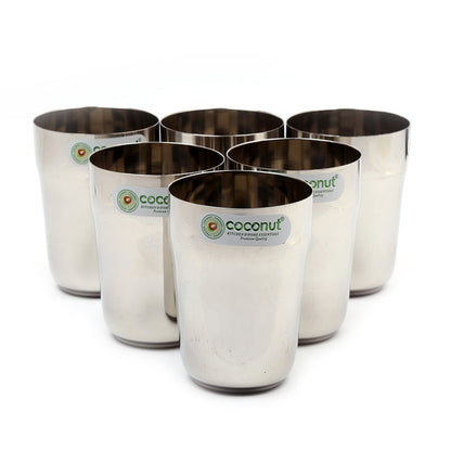 Coconut Stainless Steel Water Glass Set of 6 (270ml Each) | Heavy Gauge Food Grade Steel Drinking Tumbler | Mirror Finish Water Glass for Water, Juice, Lemonade, Milk & Beverages | Durable Kitchen Essential | Rust Proof | Model - B32 Metro.