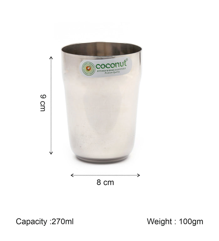 Coconut Stainless Steel Water Glass Set of 6 (270ml Each) | Heavy Gauge Food Grade Steel Drinking Tumbler | Mirror Finish Water Glass for Water, Juice, Lemonade, Milk & Beverages | Durable Kitchen Essential | Rust Proof | Model - B32 Metro.