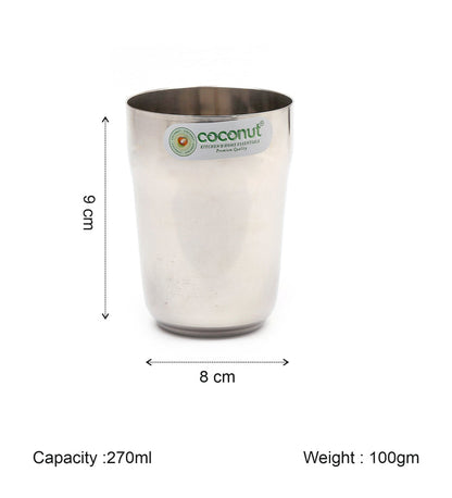 Coconut Stainless Steel Water Glass Set of 6 (270ml Each) | Heavy Gauge Food Grade Steel Drinking Tumbler | Mirror Finish Water Glass for Water, Juice, Lemonade, Milk & Beverages | Durable Kitchen Essential | Rust Proof | Model - B32 Metro.