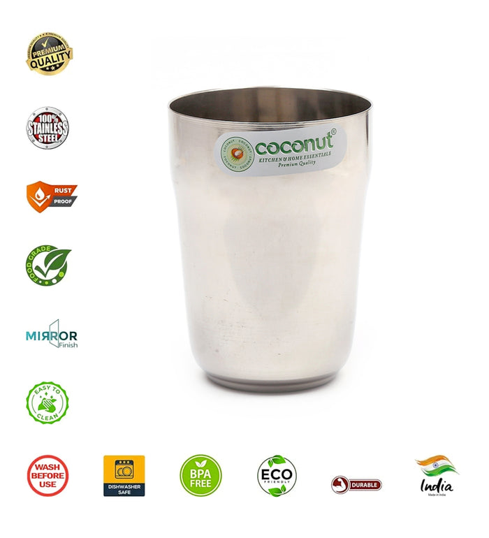 Coconut Stainless Steel Water Glass Set of 6 (270ml Each) | Heavy Gauge Food Grade Steel Drinking Tumbler | Mirror Finish Water Glass for Water, Juice, Lemonade, Milk & Beverages | Durable Kitchen Essential | Rust Proof | Model - B32 Metro.