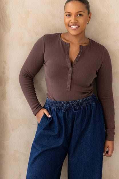 Comfort Rib Henley Long Sleeve - Truffle