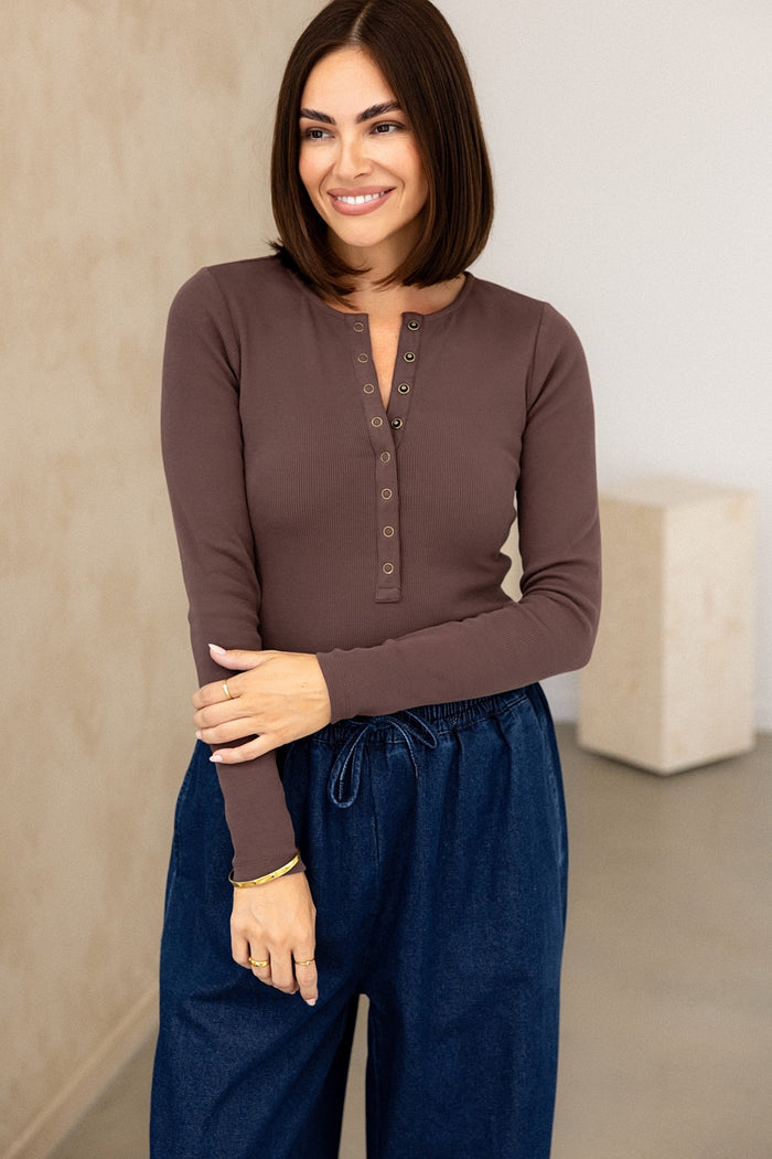 Comfort Rib Henley Long Sleeve - Truffle