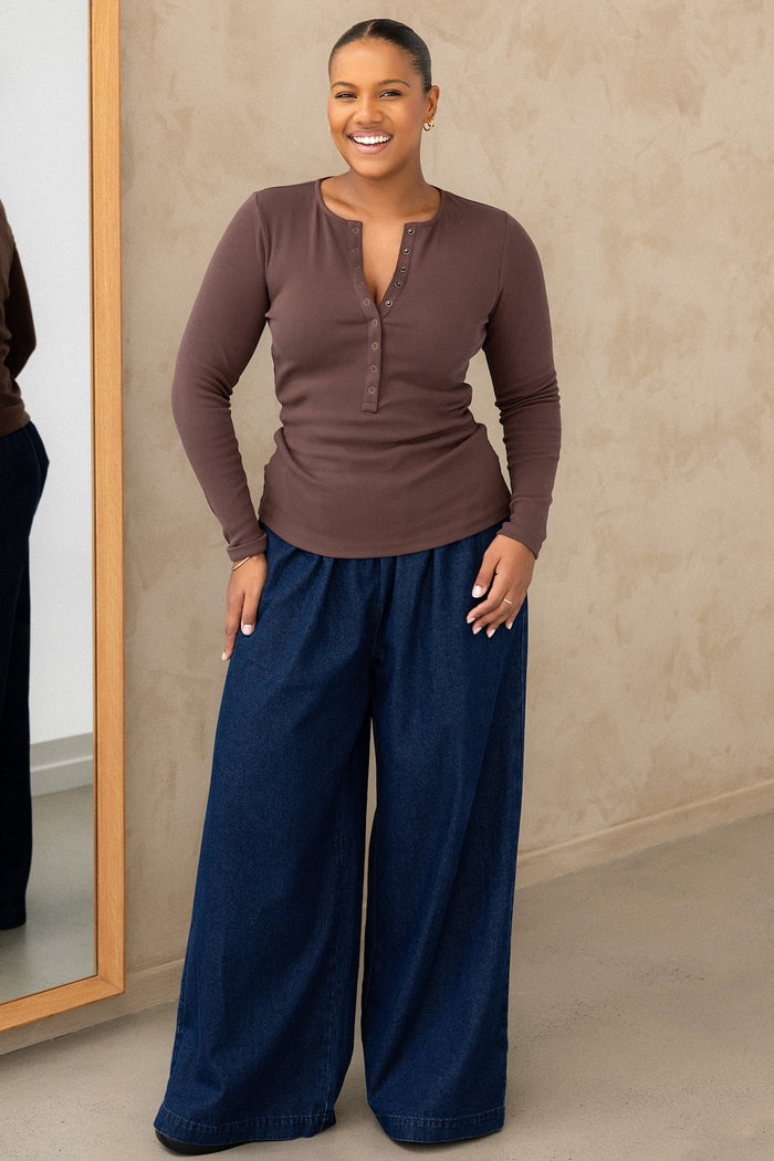 Comfort Rib Henley Long Sleeve - Truffle
