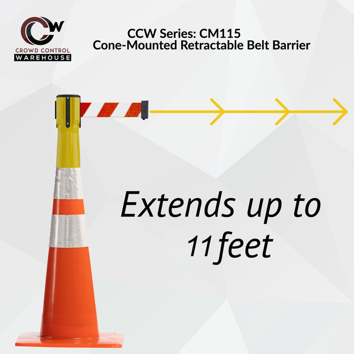 Cone - Mounted Retractable Belt Barrier, 11 Ft. Belt - Trafford Industrial - Crowd Control Warehouse