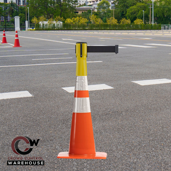 Cone - Mounted Retractable Belt Barrier, 11 Ft. Belt - Trafford Industrial - Crowd Control Warehouse