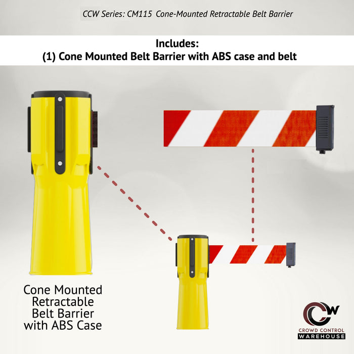 Cone - Mounted Retractable Belt Barrier, 9 Ft. - Trafford Industrial - Crowd Control Warehouse