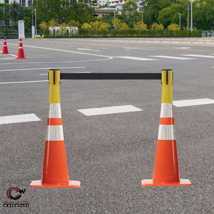Cone - Mounted Retractable Belt Barrier, 9 Ft. - Trafford Industrial - Crowd Control Warehouse