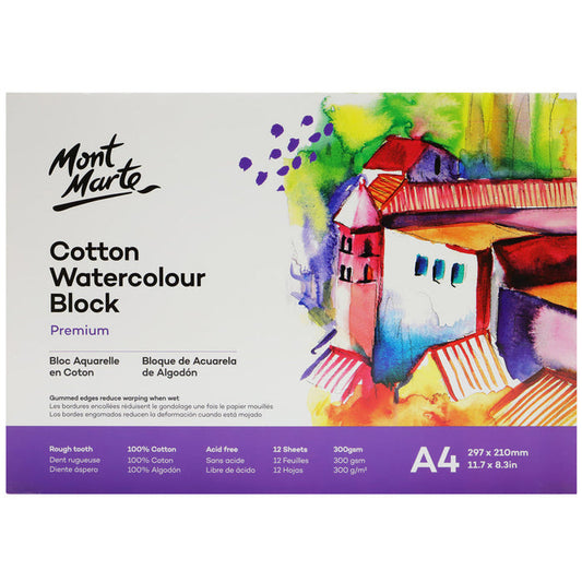 Cotton Watercolour Paper Block Premium 300gsm A4 (11.7 x 8.3in) 12 Sheet