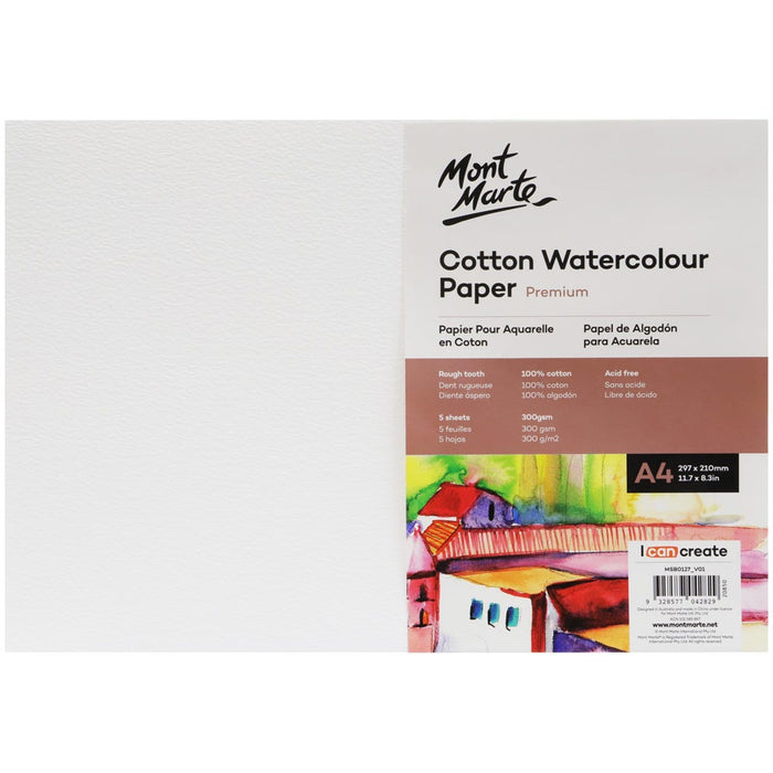 Cotton Watercolour Paper Premium 300gsm A4 (11.7 x 8.3in) 5 Sheets