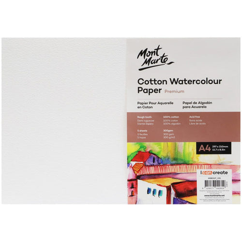 Cotton Watercolour Paper Premium 300gsm A4 (11.7 x 8.3in) 5 Sheets
