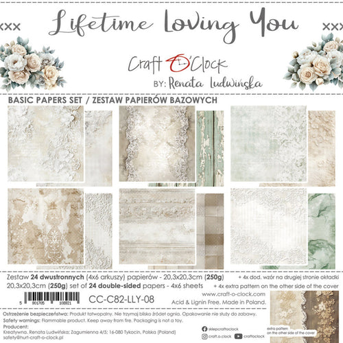 Craft O'Clock - 8X8 Basics Paper Pad - Lifetime Loving You. 24 Double-sided sheets. Available at Embellish Away in Bowmanville Ontario Canada.