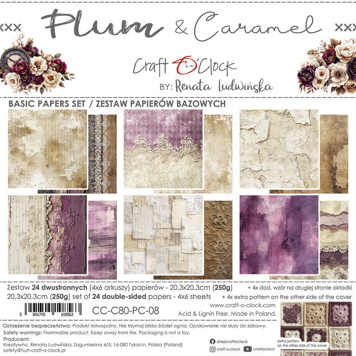 Craft O'Clock - 8X8 Basics Paper Pad - Plum & Caramel. 24 Double-sided sheets. Available at Embellish Away in Bowmanville Ontario Canada.