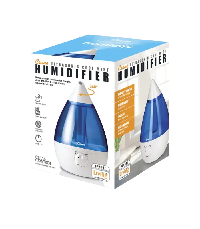 Crane Cool Mist Humidifier with built-in sound machine and night light for improved sleep quality and air comfort