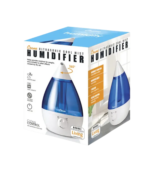 Crane Cool Mist Humidifier with built-in sound machine and night light for improved sleep quality and air comfort