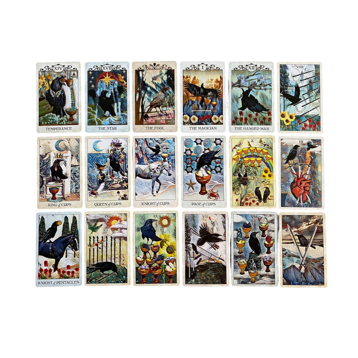Set of tarot cards with various illustrations on a white background