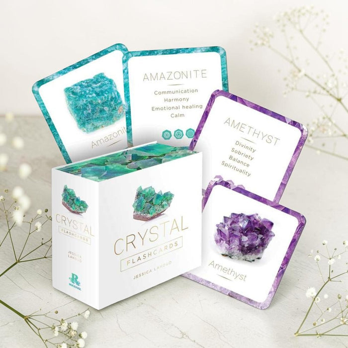 Crystal Flashcards packaging with Amazonite and Amethyst cards on a white background