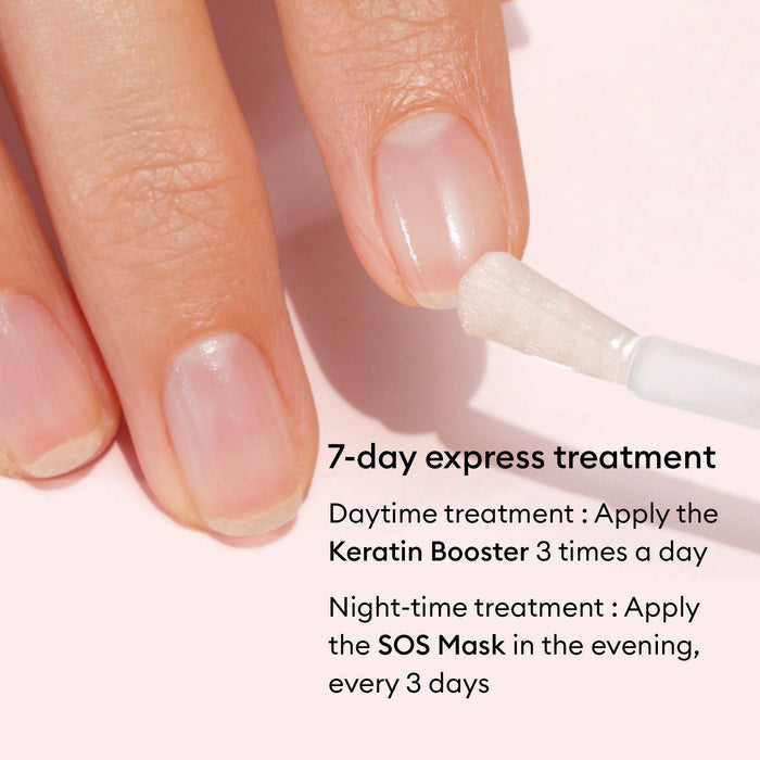 A close-up of a person applying Manucurist's Day  Night Duo to their fingernails, with text instructions for a 7-day express nail care routine using the nourishing duo.
