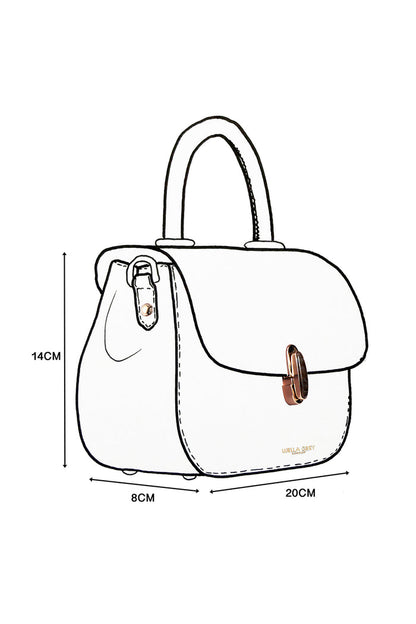Line drawing design sketch of Delia Tan faux leather Top Handle Crossbody with Resin Waterloo Twist Lock clasp