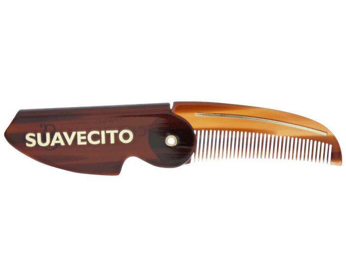 Deluxe Amber Folding Mustache Comb Unfolded Script Logo Side