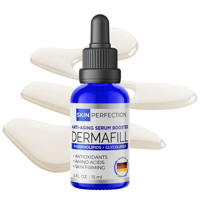 Skin Perfection Dermafill serum bottle with dropper on a white background