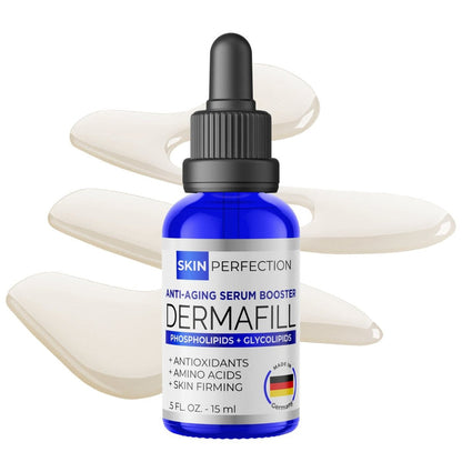 Skin Perfection Dermafill serum bottle with dropper on a white background
