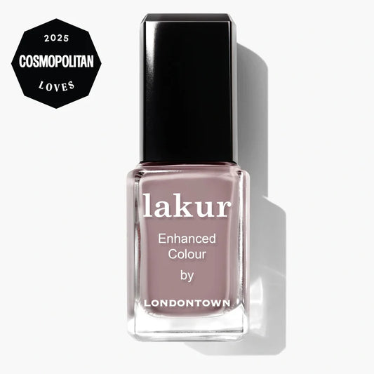 LONDONTOWN’s Lakur "Do Not Disturb" nail polish is a muted mauve with warm brown undertones, labeled "Enhanced Colour," and sports a Cosmopolitan 2025 Loves award badge—a bold statement for your nails.